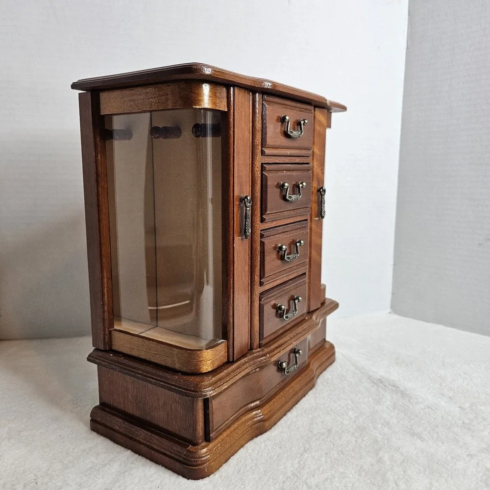 Vintage Wooden Jewelry Armoire Box Glass Side Doors 5 Drawers Brass Pulls Brown